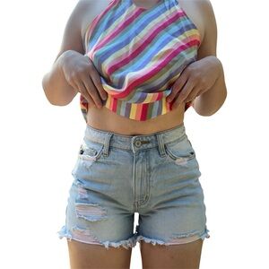 Kancan Distressed Denim Shorts with Rainbow Threading